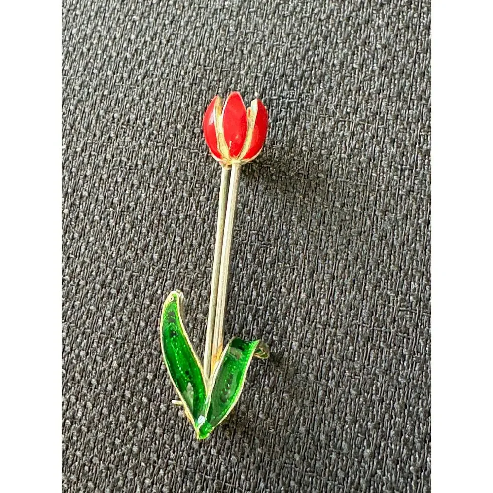 Vintage Tulip Brooch Red Green Enamel Floral Silver Tone Pin